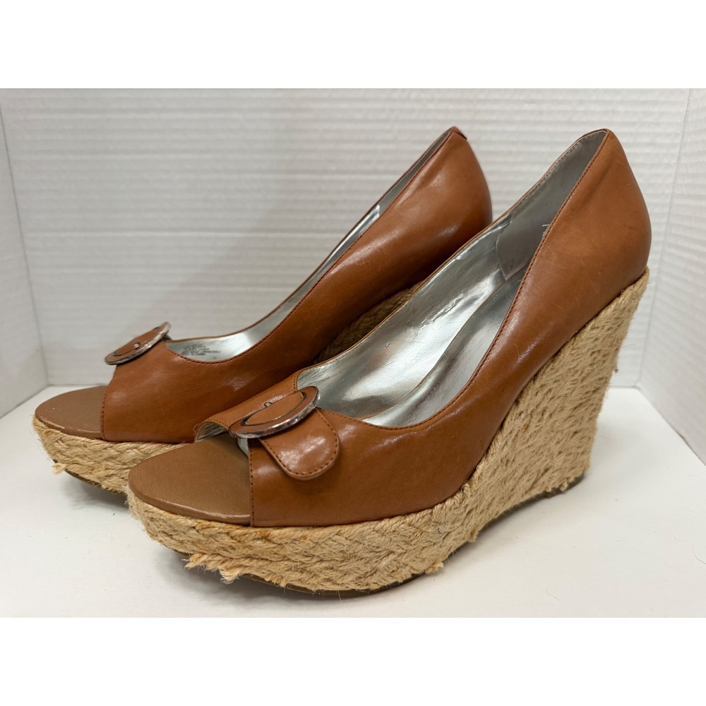 Jessica Simpson Goldie Tan Leather Espadrille Wedge Sandals Peep Toe Buckle 9.5B